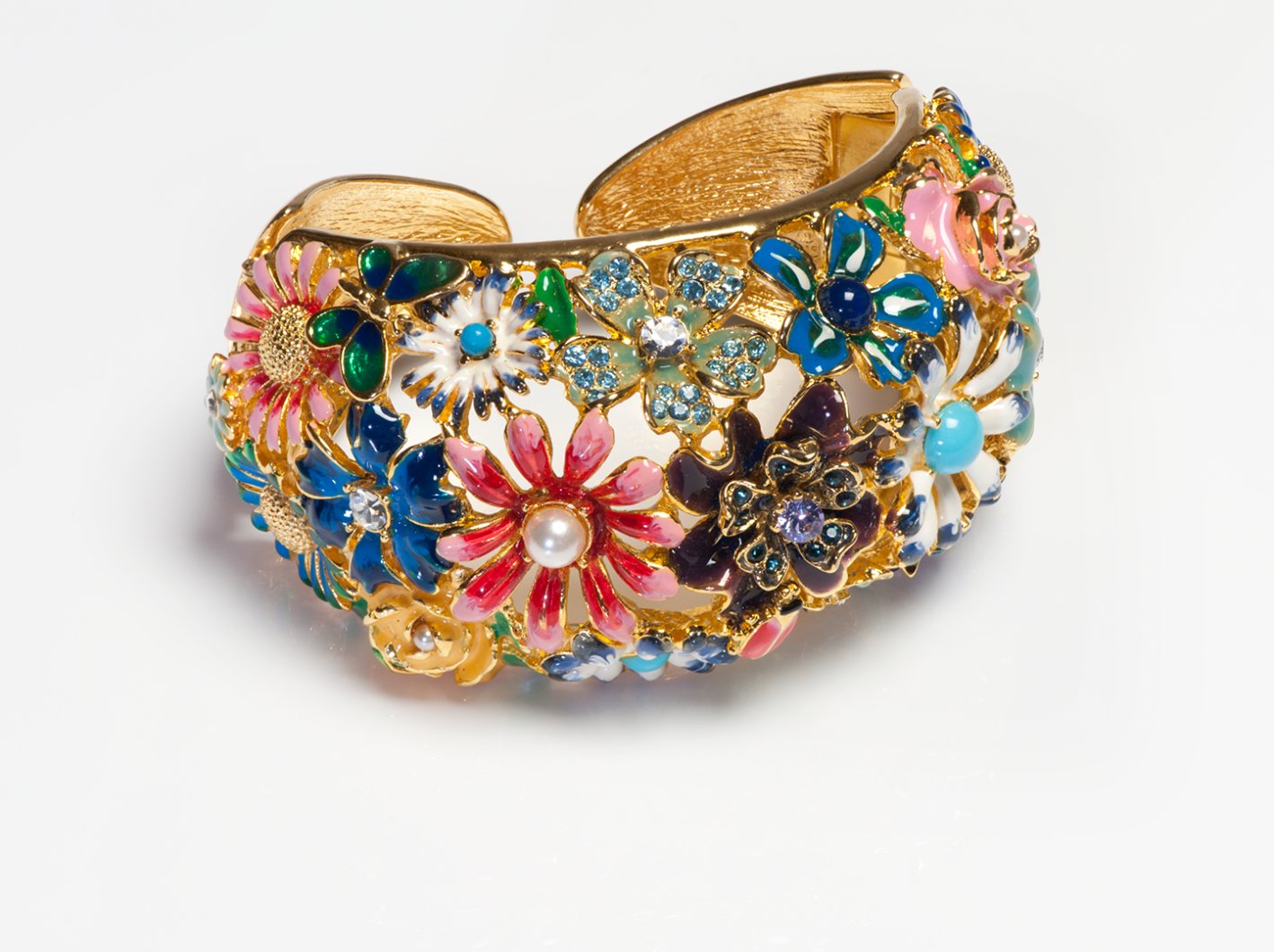 Kenneth Jay Lane Multicolored Enamel Crystal Flower Cuff Bracelet