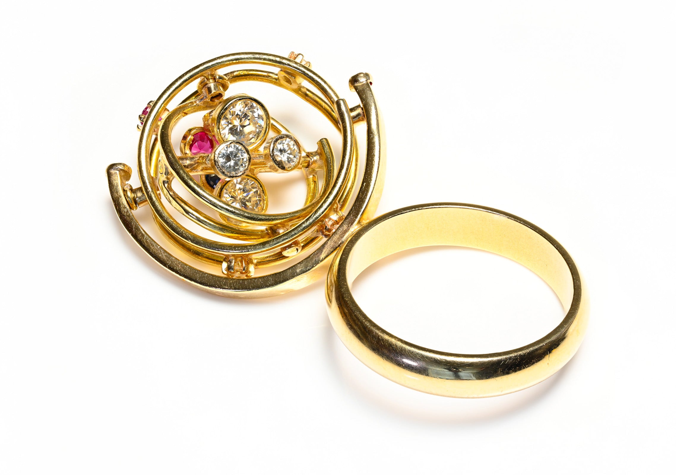 Kinetic Spinner Gold Diamond Sapphire Ruby Ring