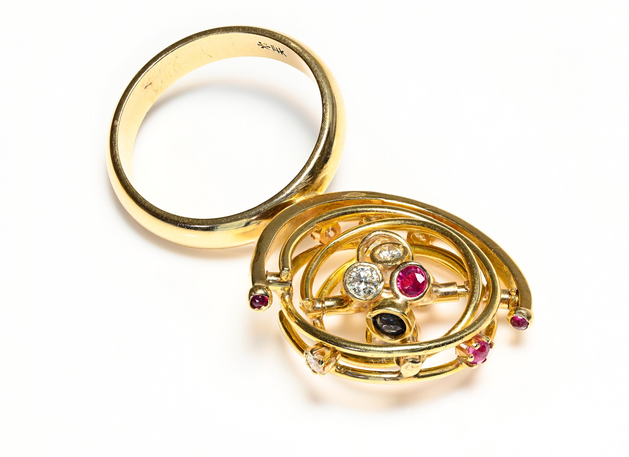 Kinetic Spinner Gold Diamond Sapphire Ruby Ring