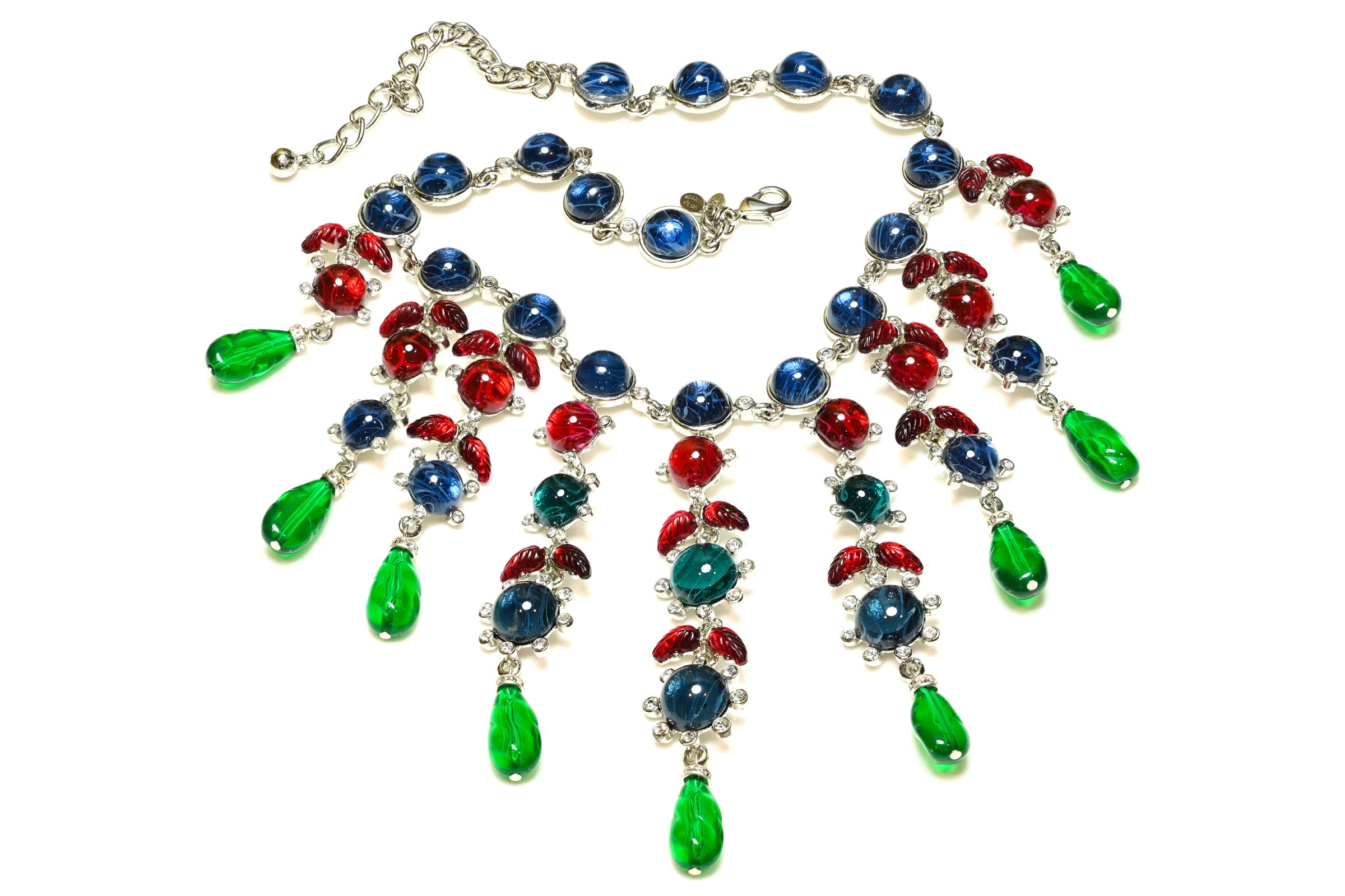 Vintage Kenneth Jay Lane Mughal Style Blue Red Glass Bib Necklace