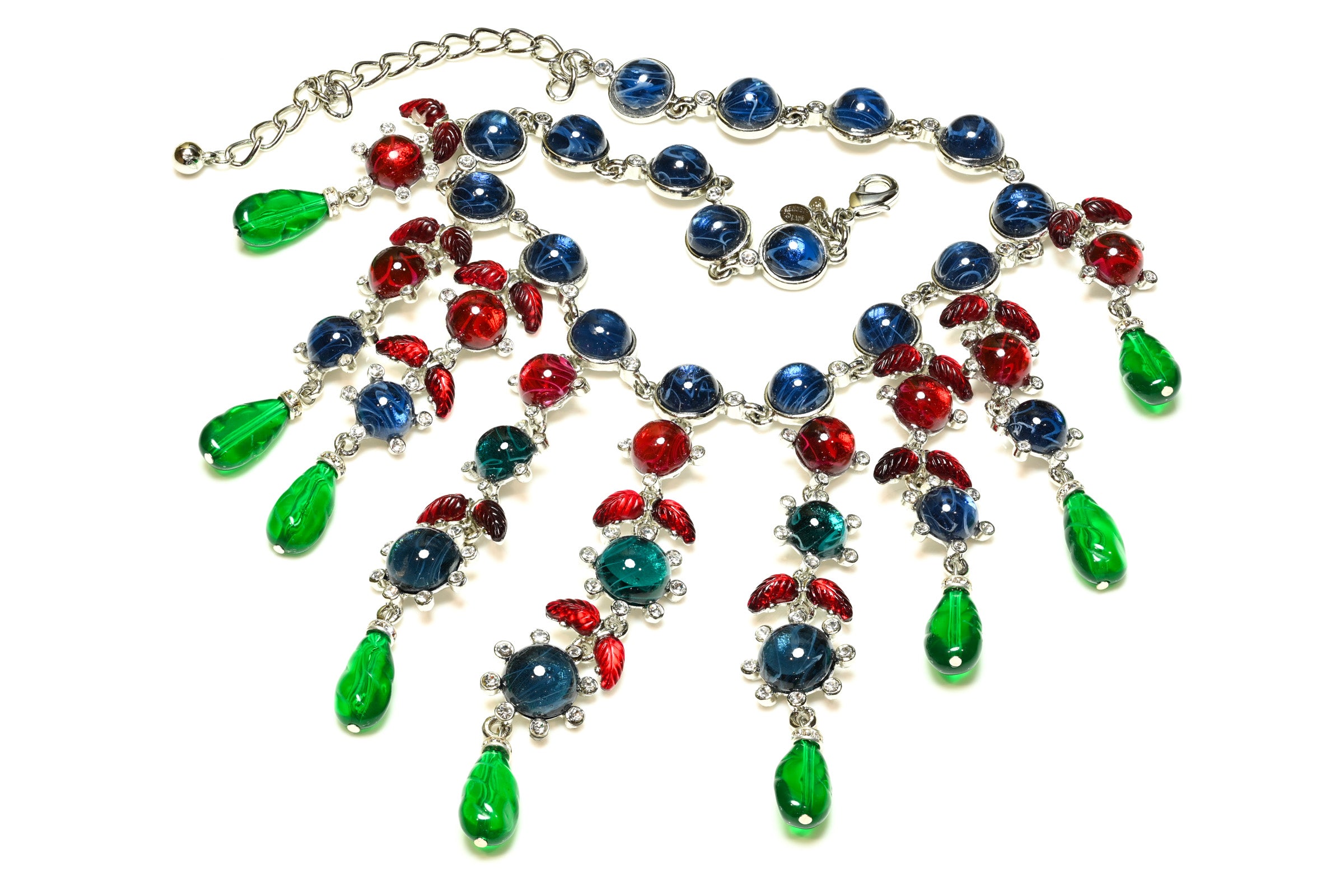 Vintage Kenneth Jay Lane Mughal Style Blue Red Glass Bib Necklace 1