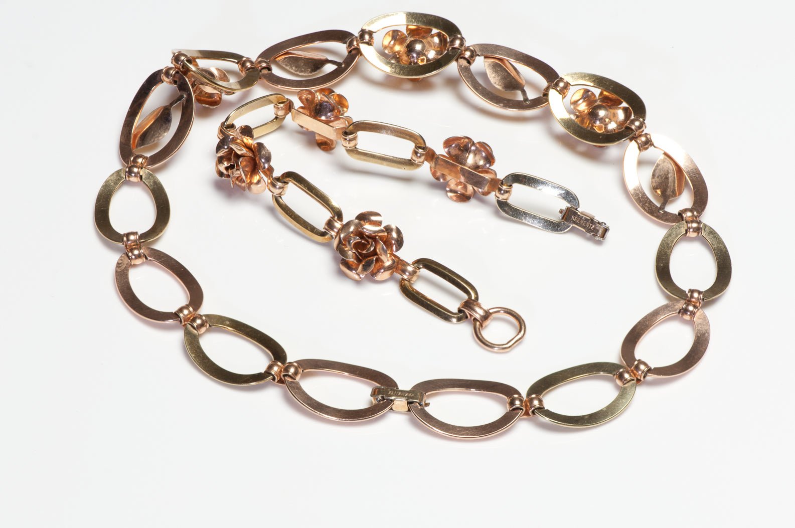 Krementz 1950’s Gold Plated Rose Flower Leaf Link Necklace Bracelet Set