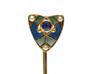 Antique Krementz 14K Gold Enamel Stick Pin with Sapphire and Pearls
