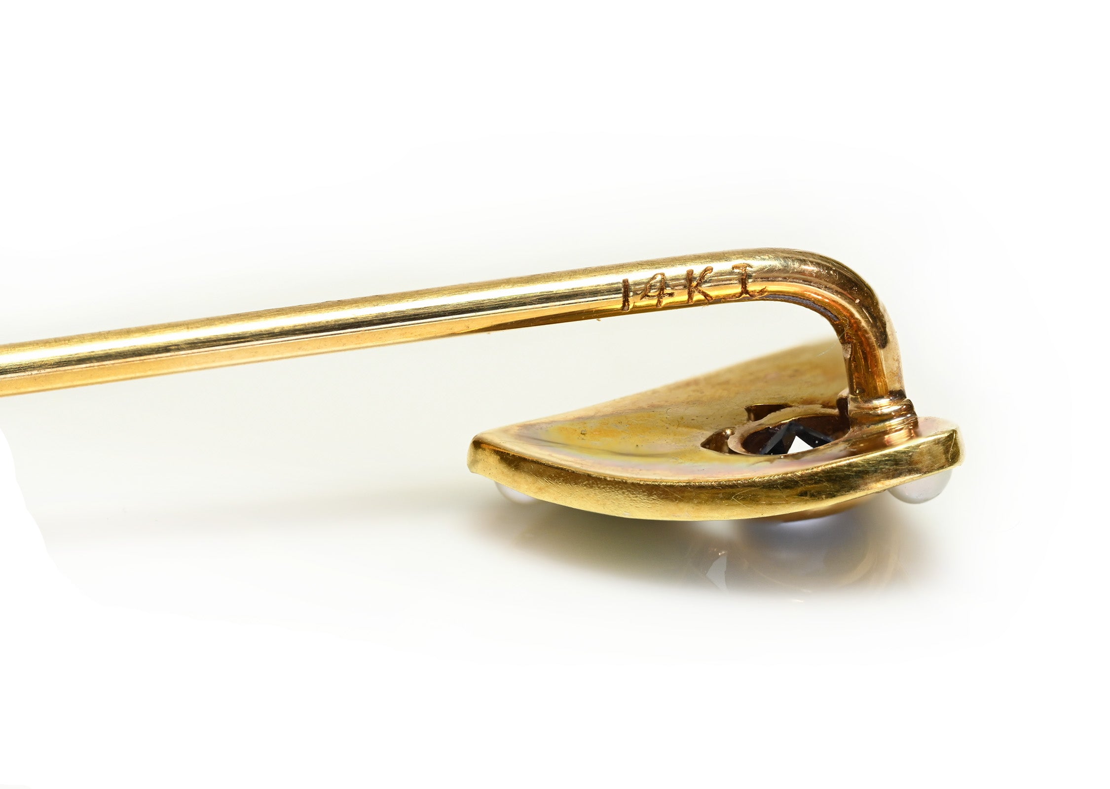 Krementz 14K Gold Enamel Stick Pin with Sapphire and Pearls Hallmark 