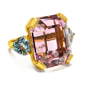 Kunzite and Aquamarine Ring in 18K Yellow Gold