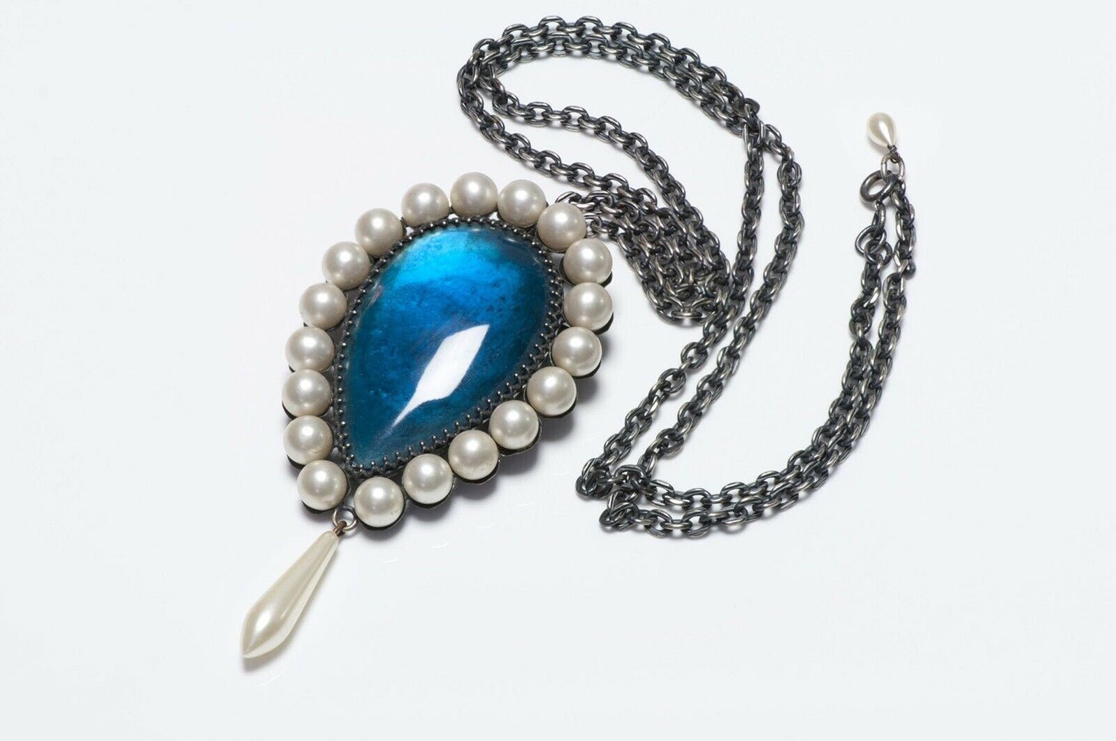 La Falaise Lambert Paris Pearl Blue Glass Brooch Necklace