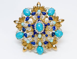 La Triomphe 18K Gold Turquoise Diamond Lapis Enamel Pendant Brooch