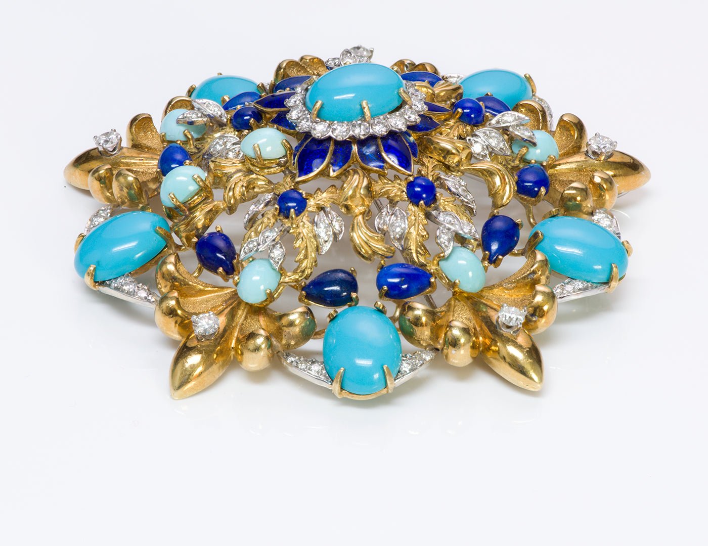 La Triomphe 18K Gold Turquoise Diamond Lapis Enamel Pendant Brooch