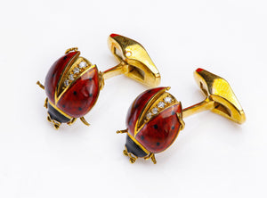 Ladybug Enamel Diamond 18K Gold Cufflinks