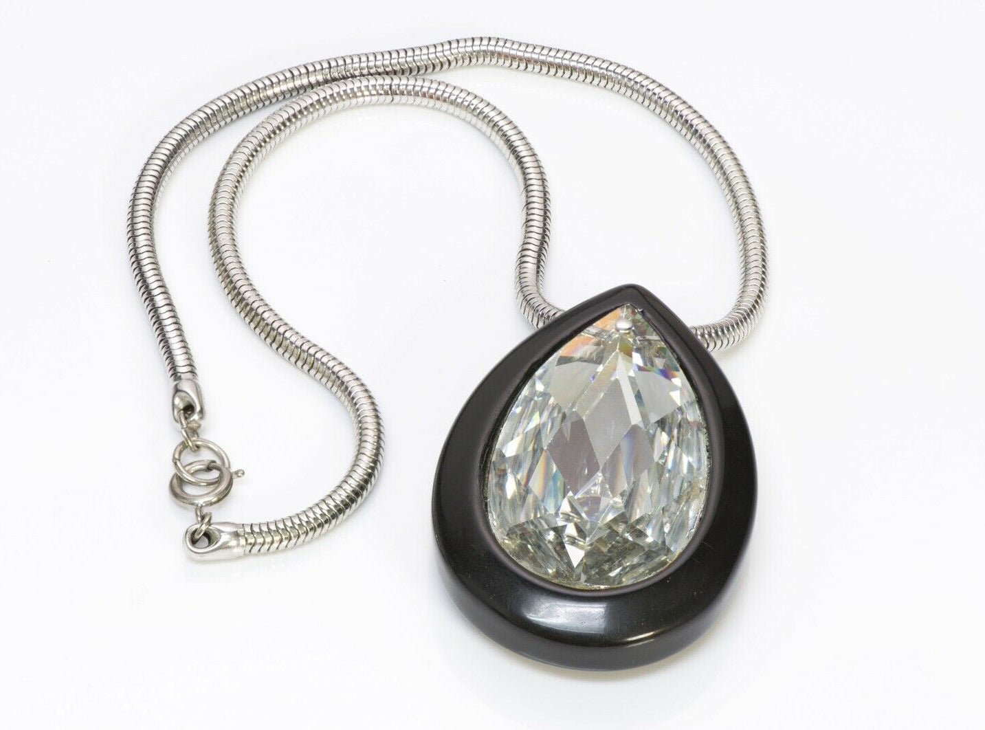 LANVIN Paris Black Resin Teardrop Crystal Pendant Chain Necklace