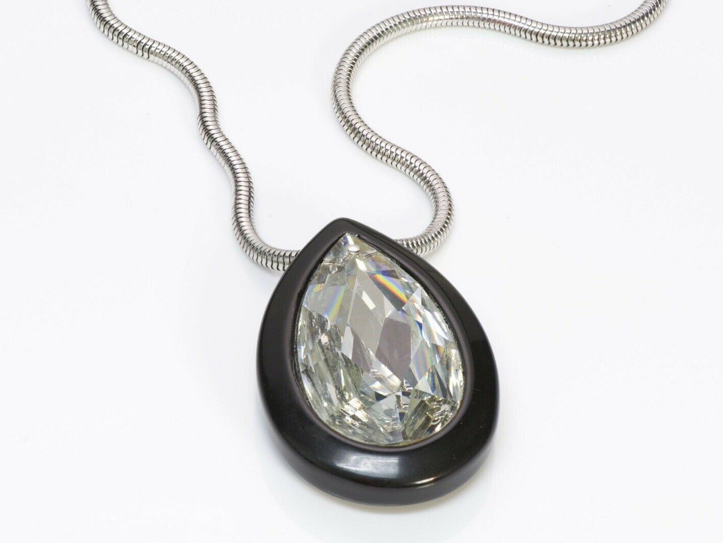 LANVIN Paris Black Resin Teardrop Crystal Pendant Chain Necklace