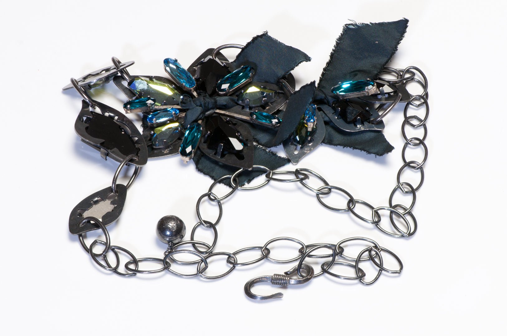Lanvin Paris Black Ribbon Green Blue Crystal Flower Chain Necklace