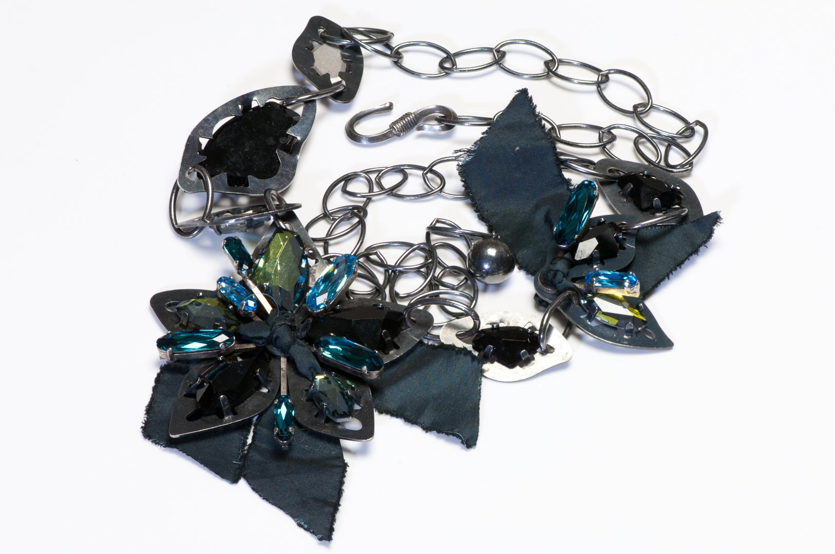 Lanvin Paris Black Ribbon Green Blue Crystal Flower Chain Necklace