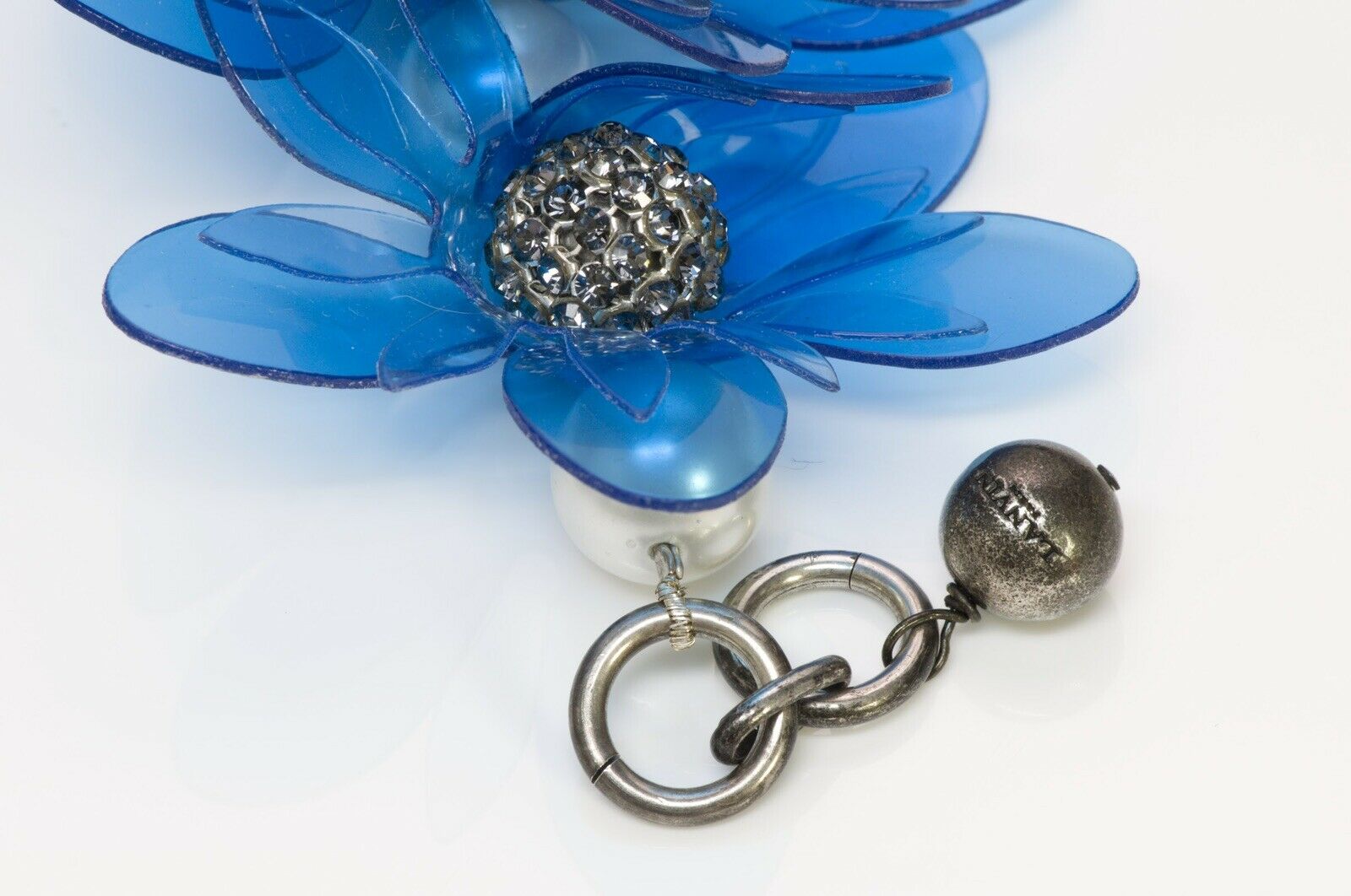 Lanvin Paris Blue Plastic Pearl Crystal Flower Chain Bracelet