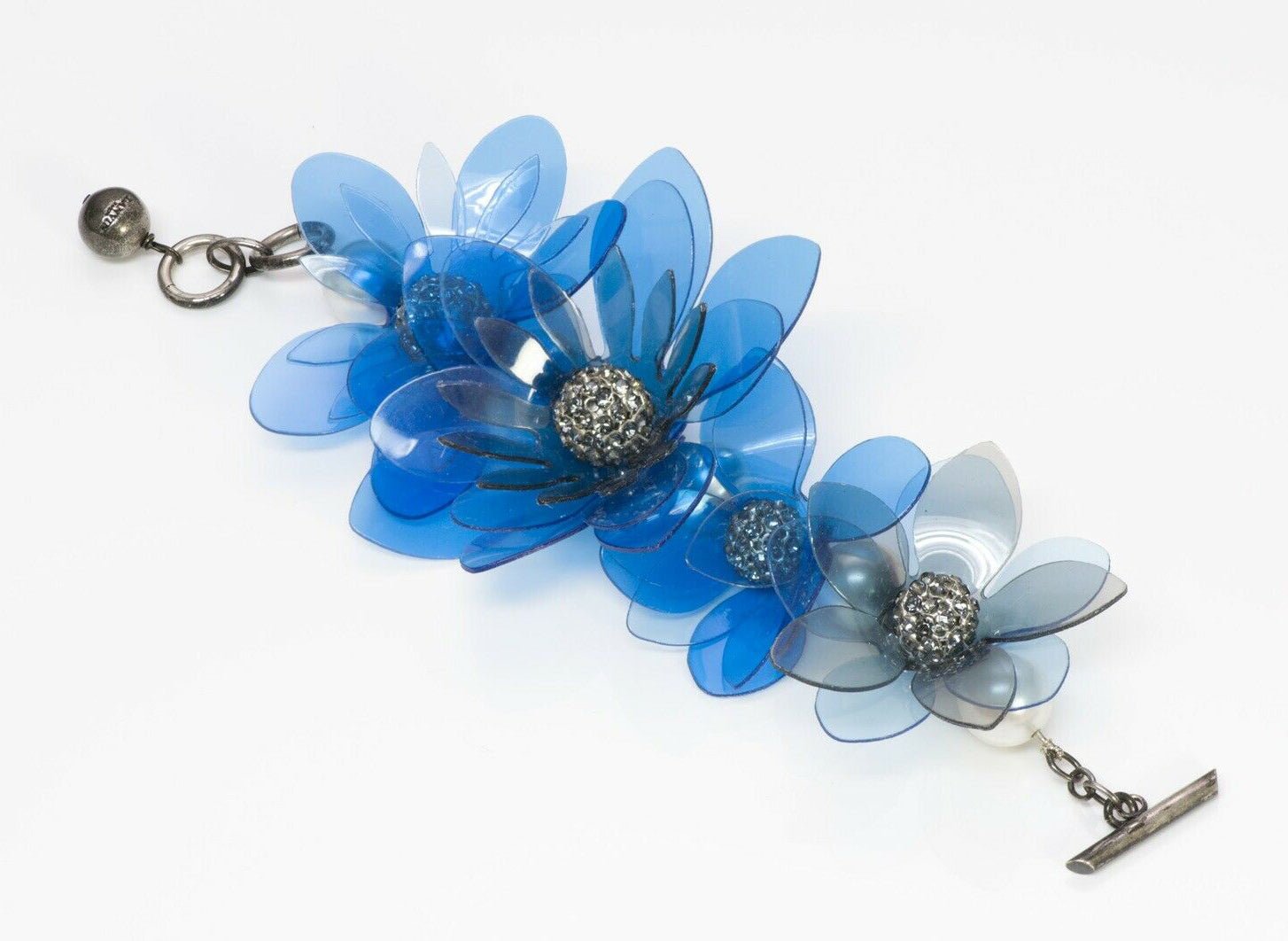 Lanvin Paris Blue Plastic Pearl Crystal Flower Chain Bracelet
