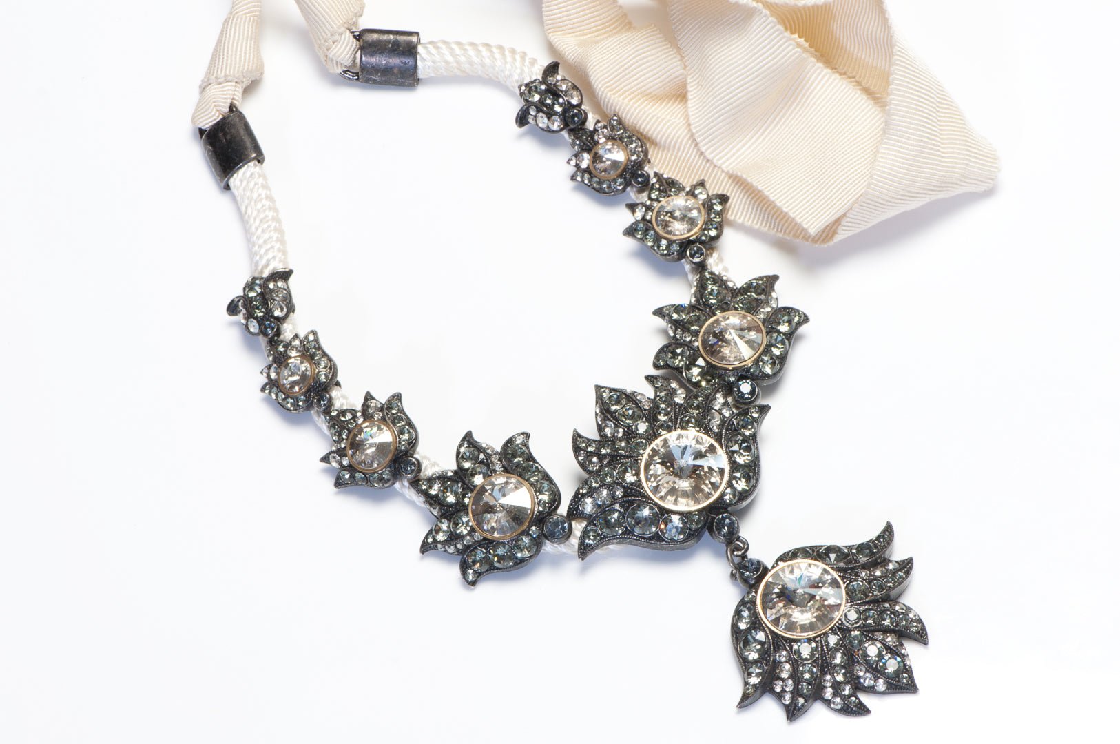 Lanvin Paris Champagne Crystal White Ribbon Flower Necklace