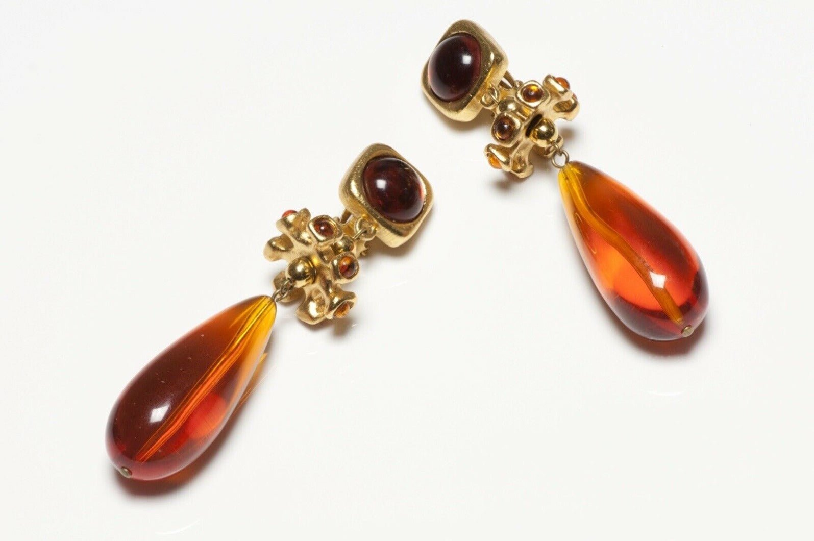 LANVIN Paris Faux Amber Brown Cabochon Lucite Drop Earrings