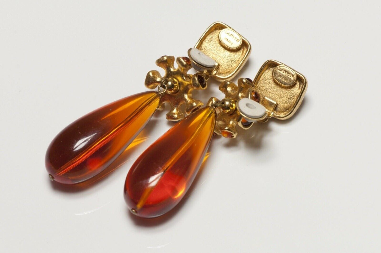 LANVIN Paris Faux Amber Brown Cabochon Lucite Drop Earrings