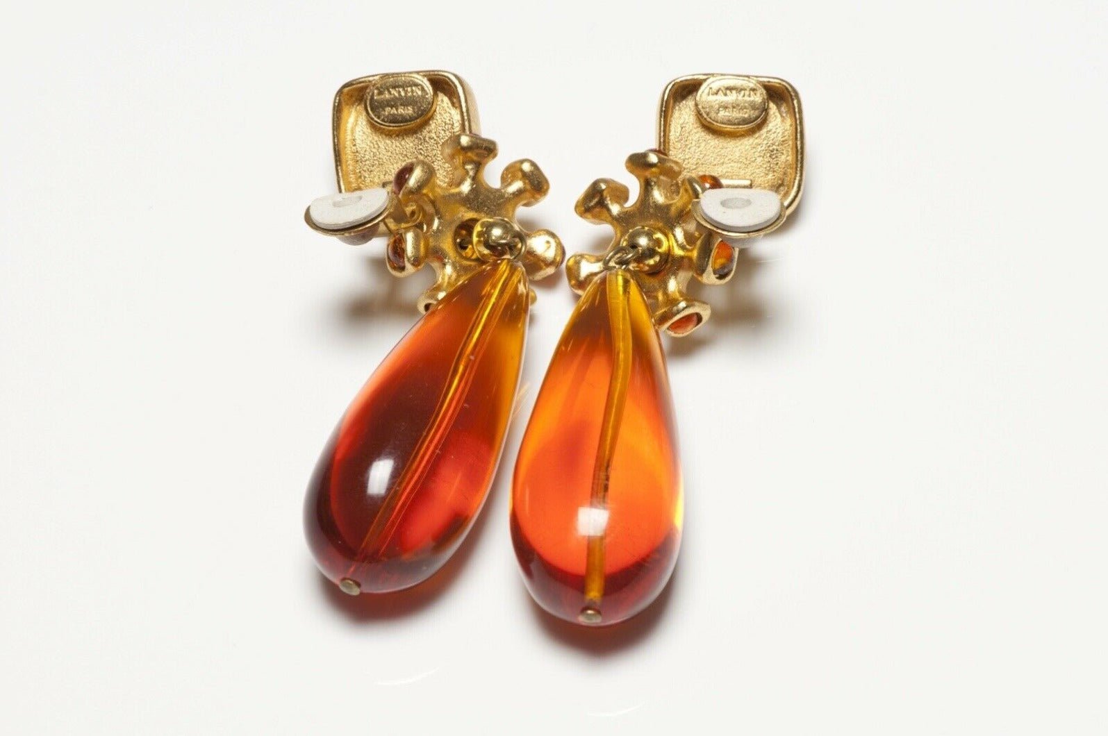 LANVIN Paris Faux Amber Brown Cabochon Lucite Drop Earrings