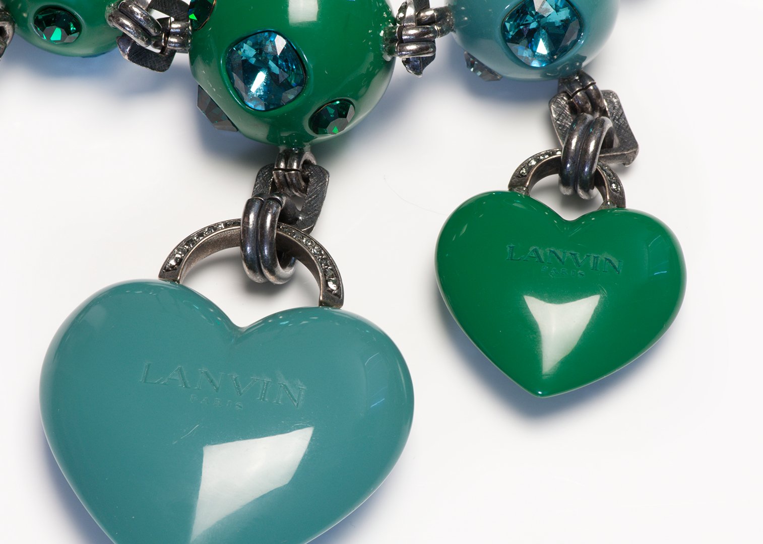 Lanvin Paris Green Blue Crystal Heart Charm Collar Necklace