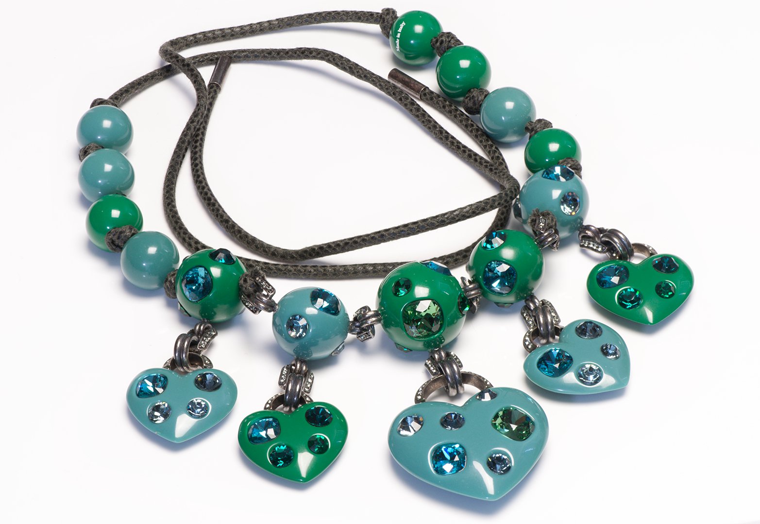 Lanvin Paris Green Blue Crystal Heart Charm Collar Necklace