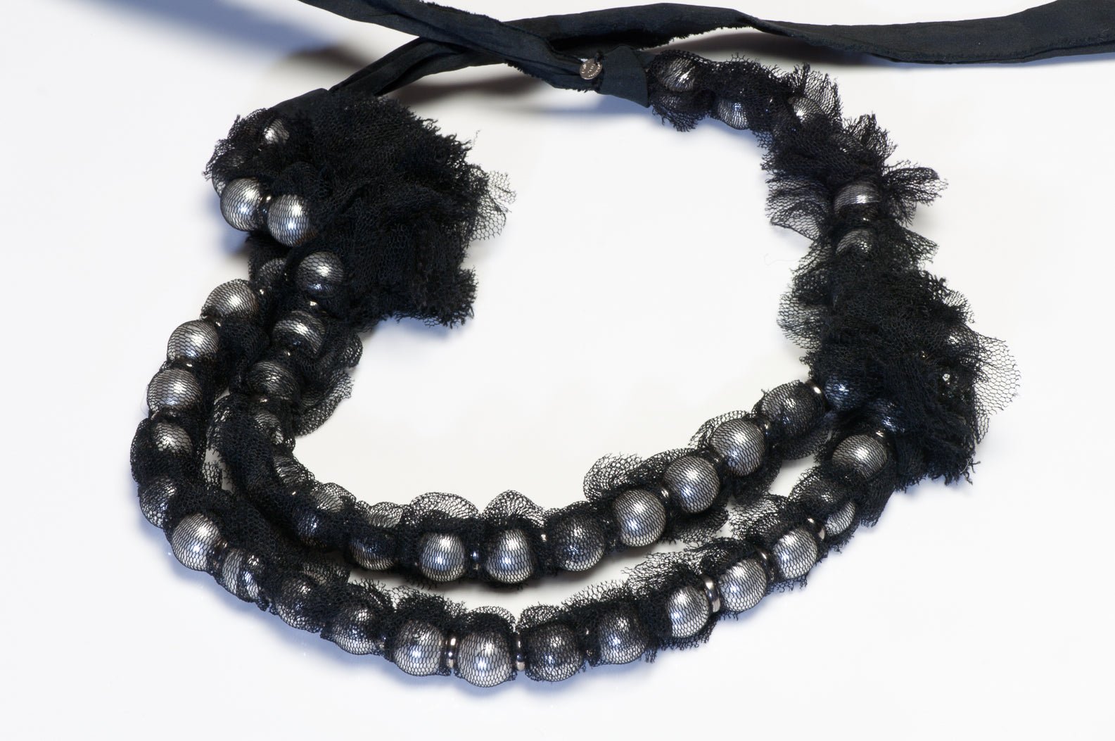 Lanvin Paris Pearl Crystal Black Mesh Flower Ribbon Bow Necklace