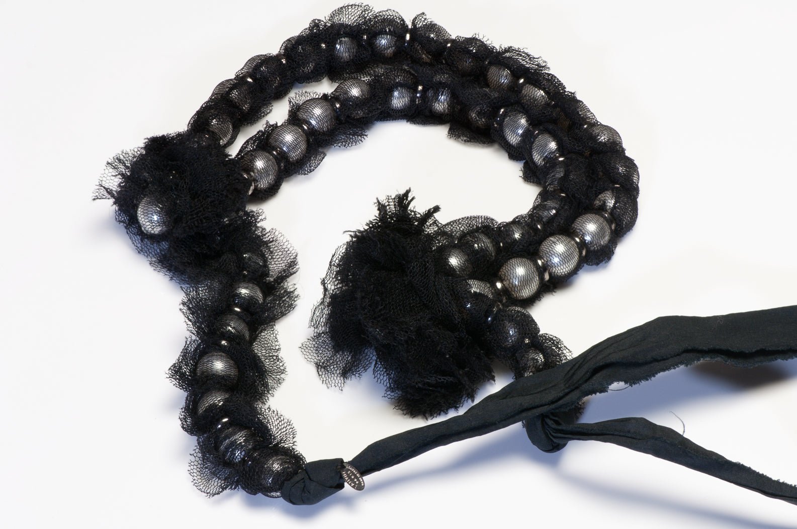 Lanvin Paris Pearl Crystal Black Mesh Flower Ribbon Bow Necklace