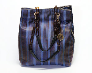 LANVIN Paris Purple Striped Satin Snakeskin Trim Women’s Tote Bag