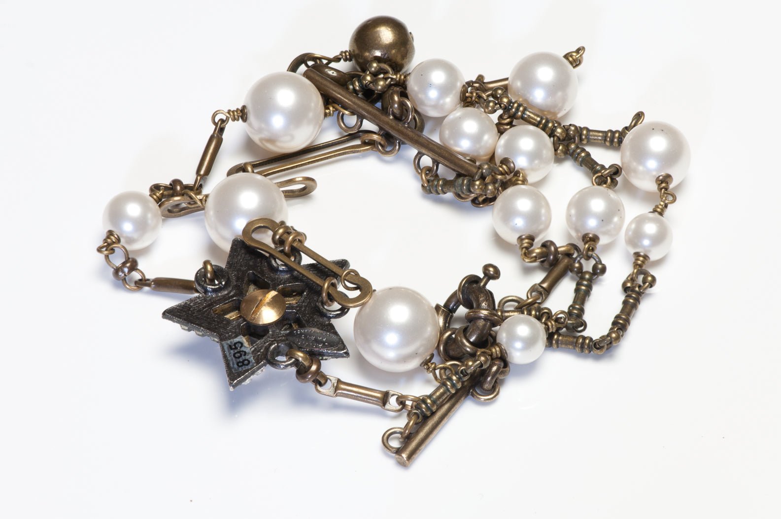 Lanvin Paris Wide Pearl Crystal Star Multi Strand Chain Bracelet