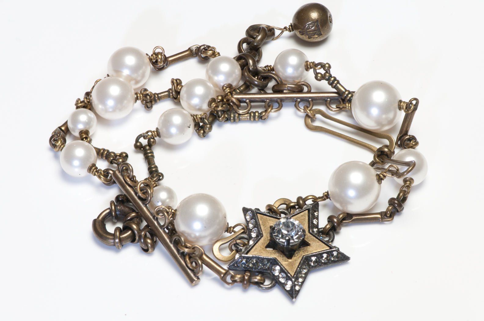 Lanvin Paris Wide Pearl Crystal Star Multi Strand Chain Bracelet