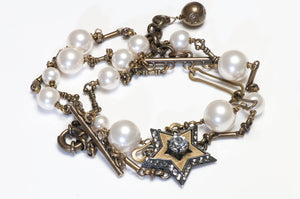 Lanvin Paris Wide Pearl Crystal Star Multi Strand Chain Bracelet