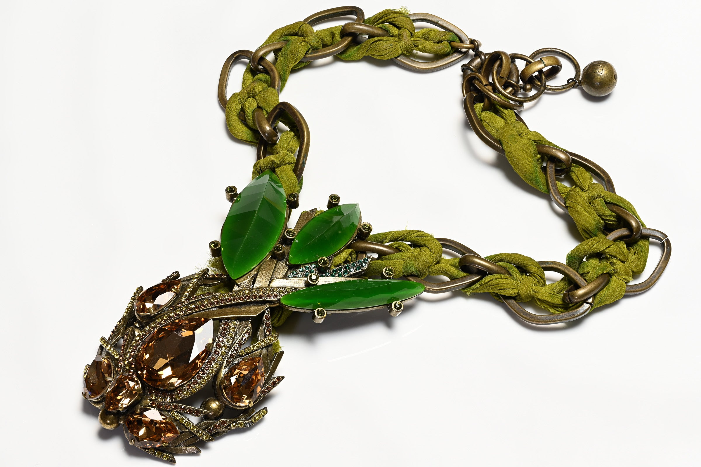 Lanvin Paris Green Brown Crystal Rope Pineapple Necklace