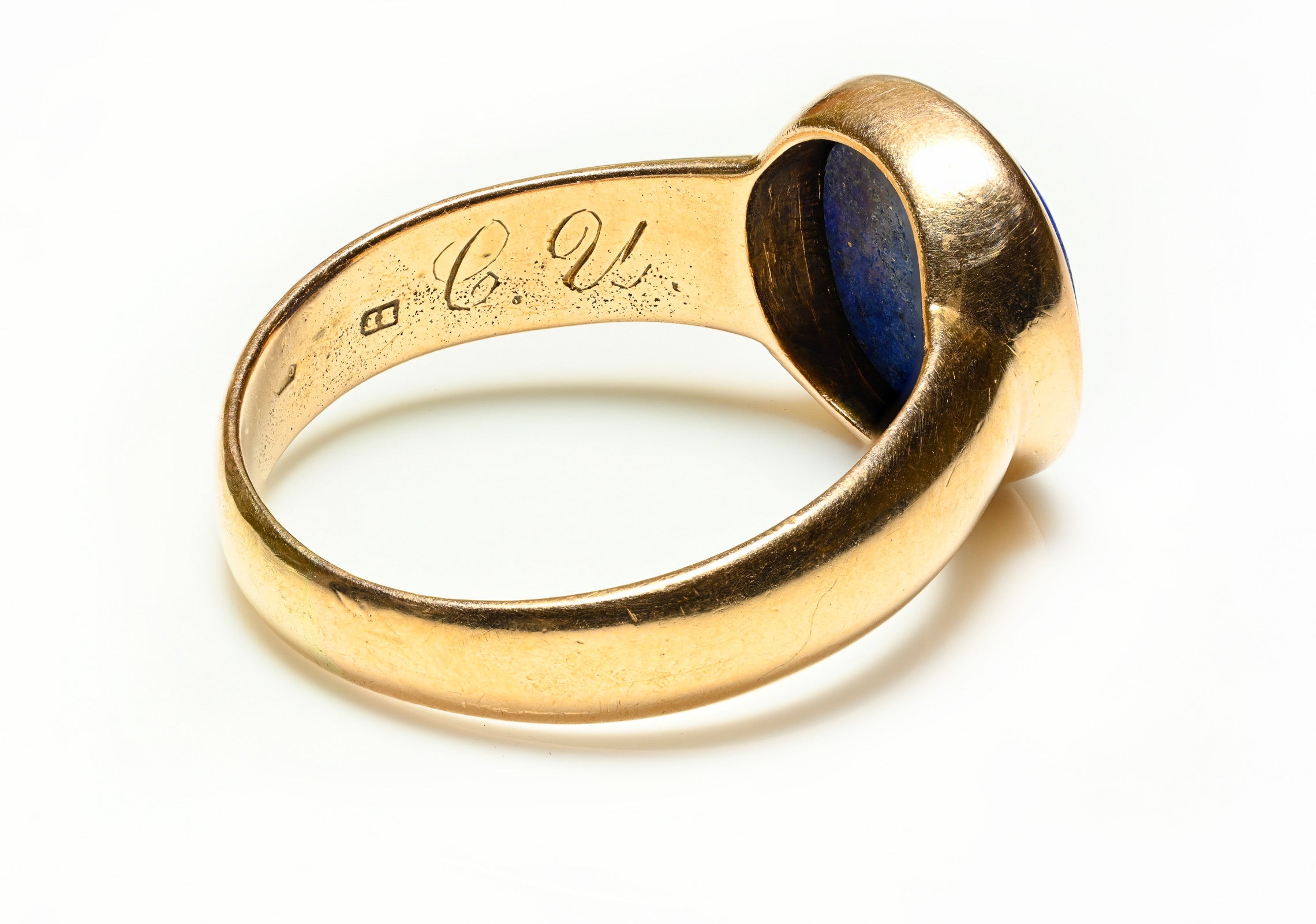 Antique Yellow Gold Lapis Crest Men's Ring 