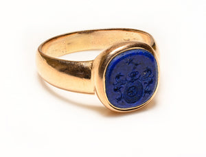 Antique Yellow Gold Lapis Crest Men's Ring