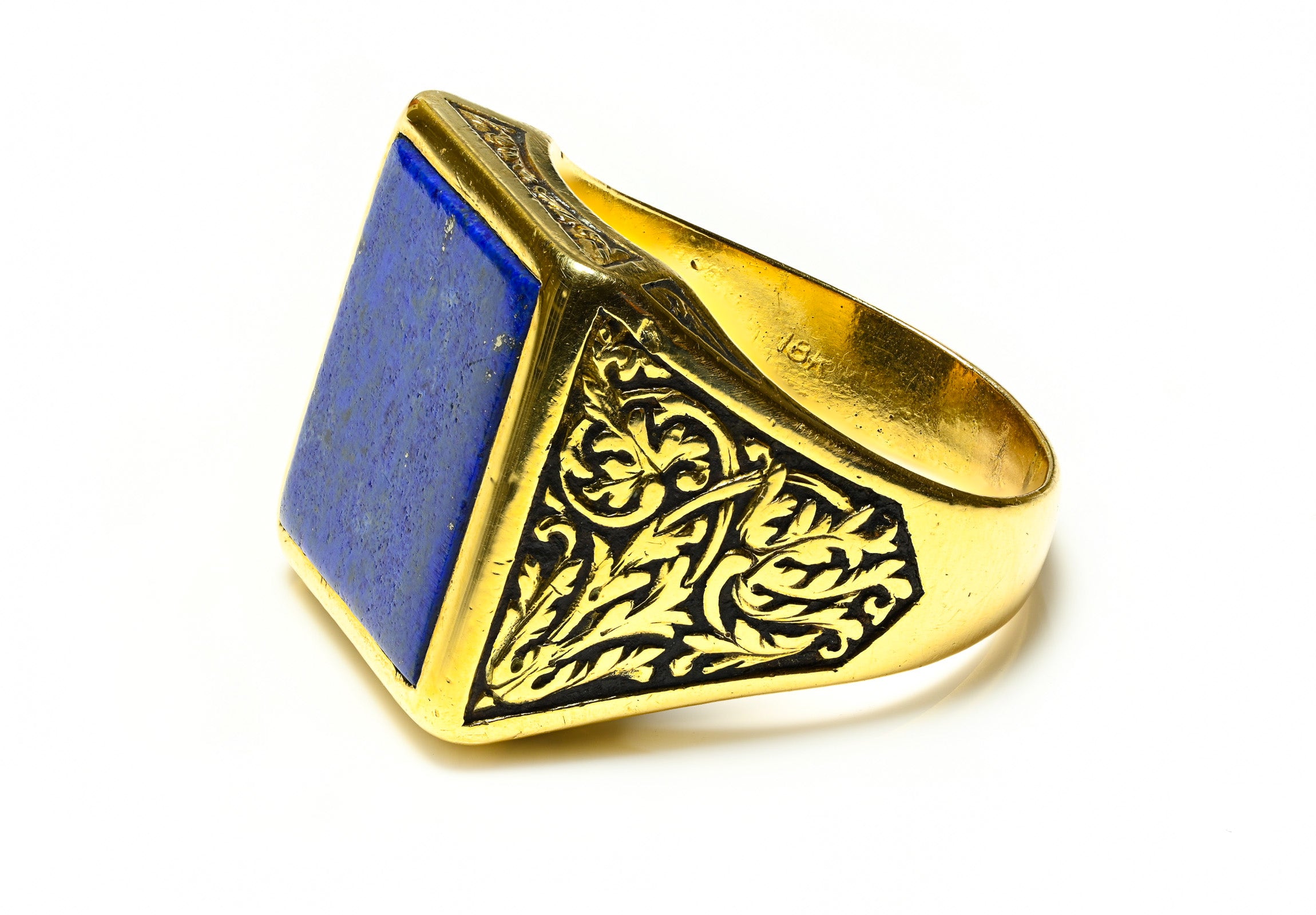 Antique Engraved 18K Gold Lapis Men's Ring