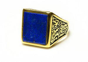 Antique Engraved 18K Gold Lapis Men's Ring