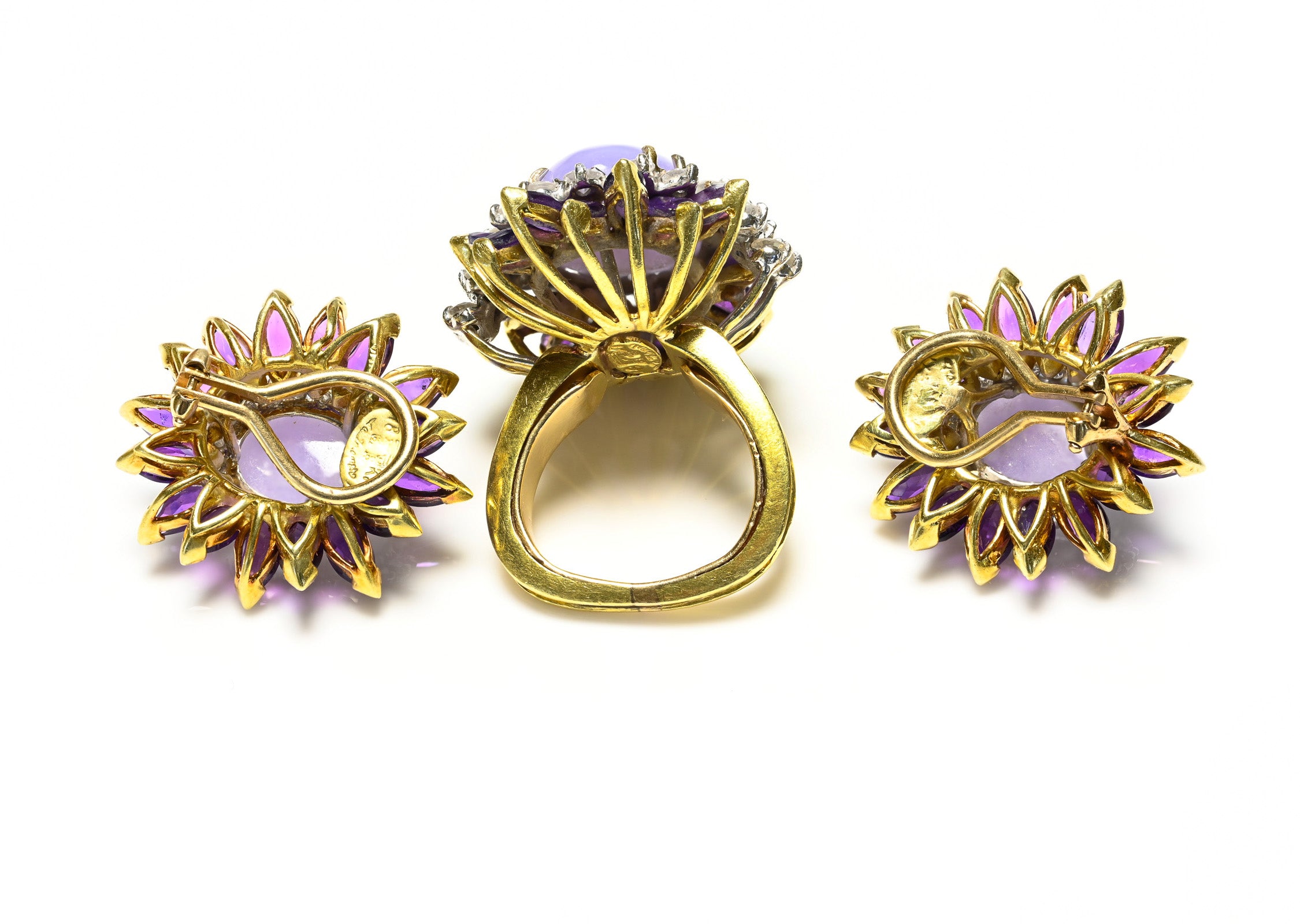 La Triomphe 18K Gold Purple Jade Amethyst Diamond Earrings Ring Set