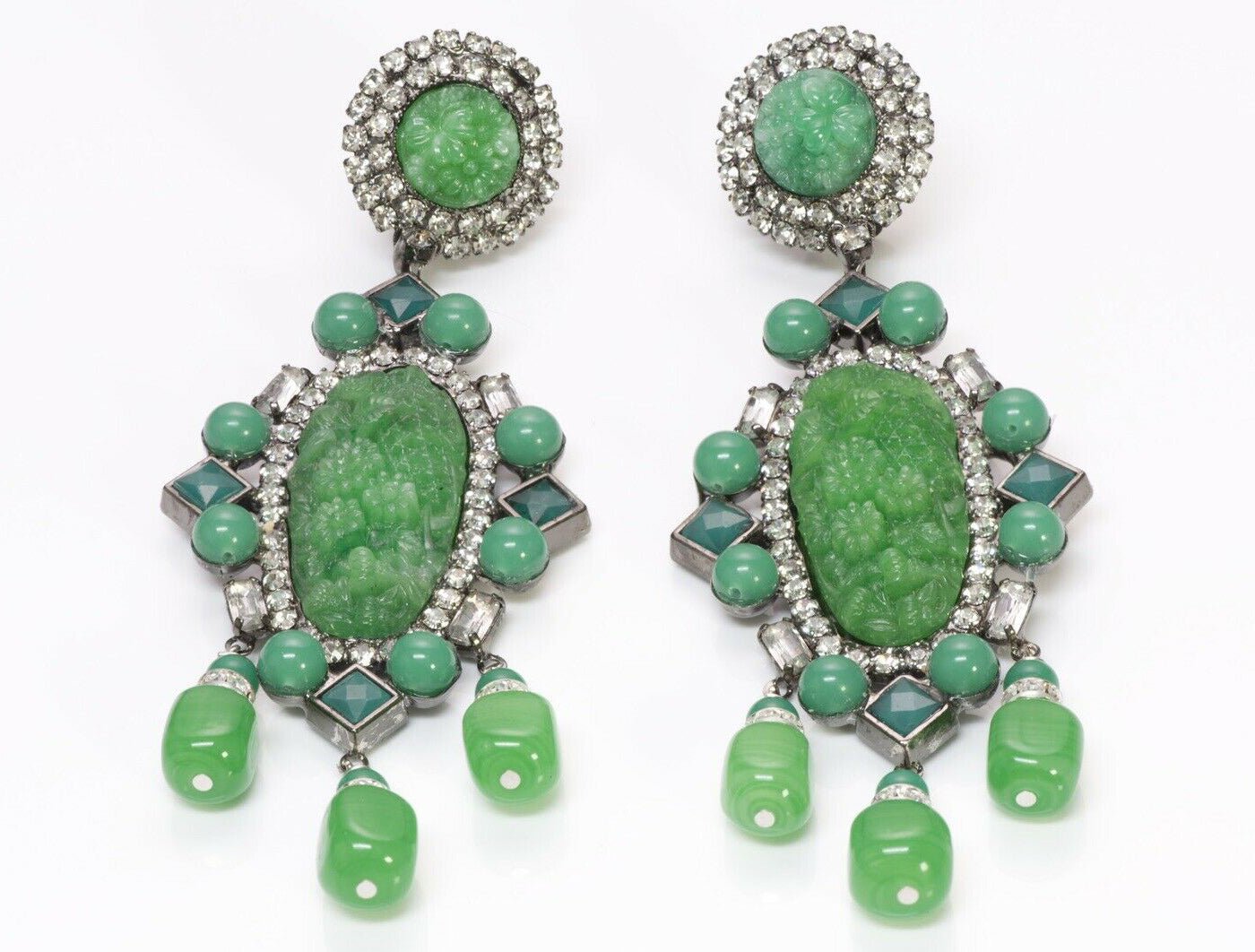 Lawrence Vrba Faux Jade Carved Crystal Long Tassel Earrings