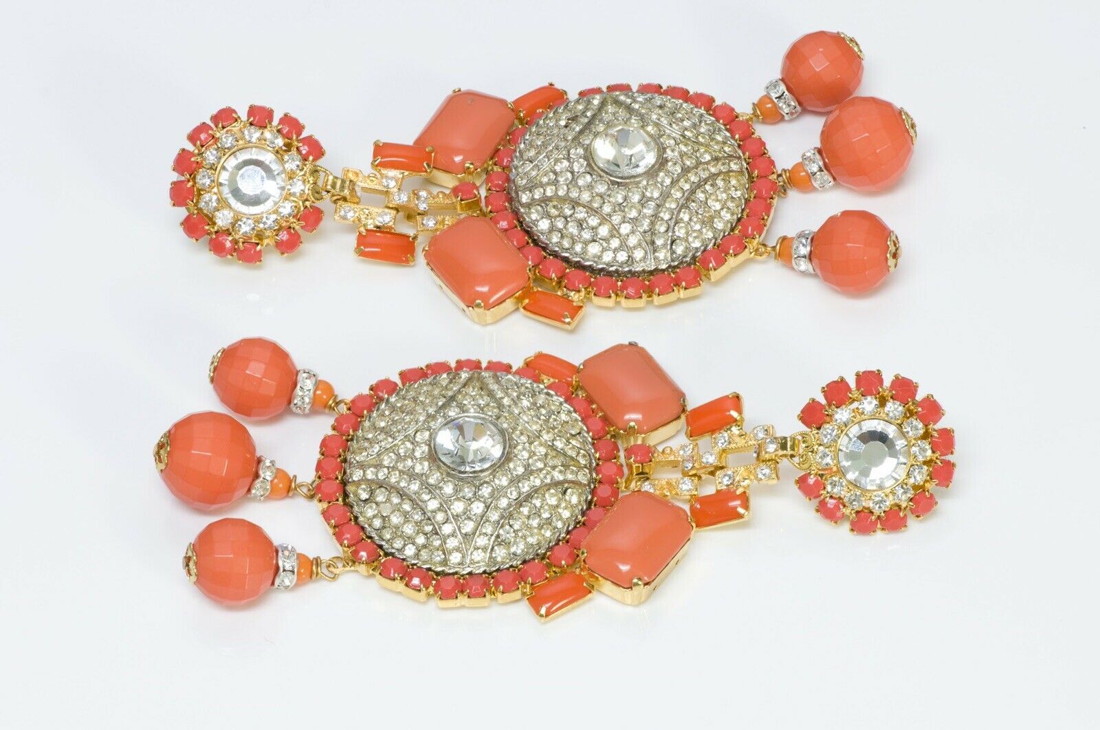 Lawrence VRBA Faux Orange Coral Crystal Long Tassel Earrings