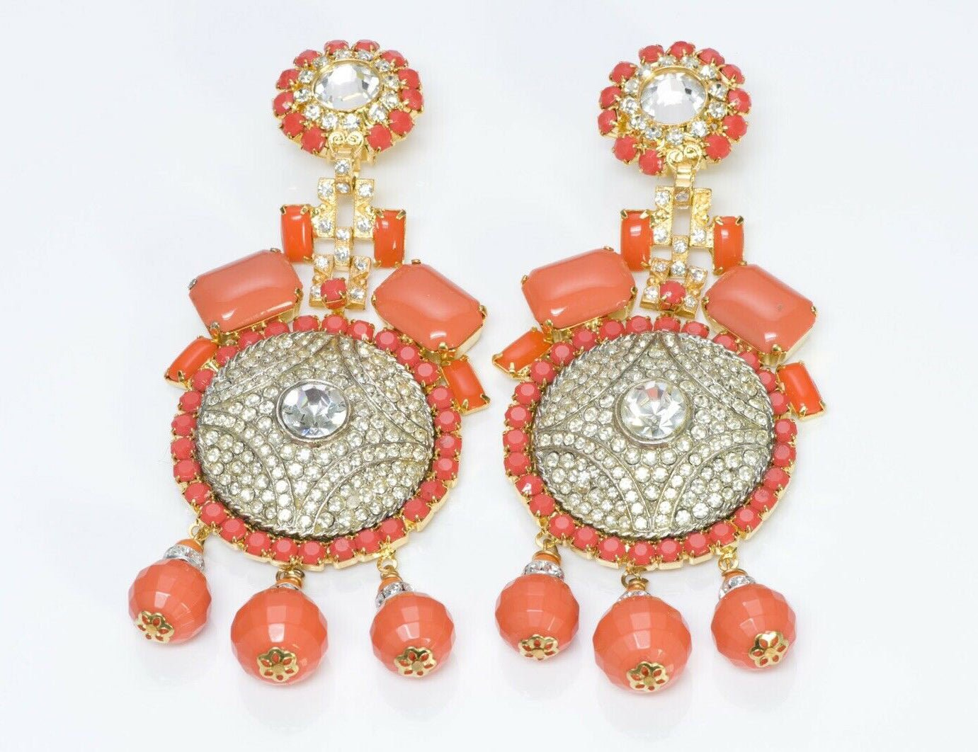 Lawrence VRBA Faux Orange Coral Crystal Long Tassel Earrings