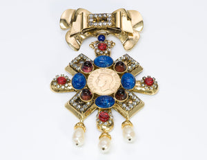 Lawrence VRBA Glass Blue Scarab Coin Bow Crystal Brooch