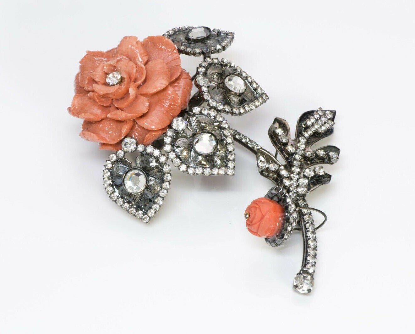 Lawrence VRBA Large Faux Coral Crystal Flower Brooch