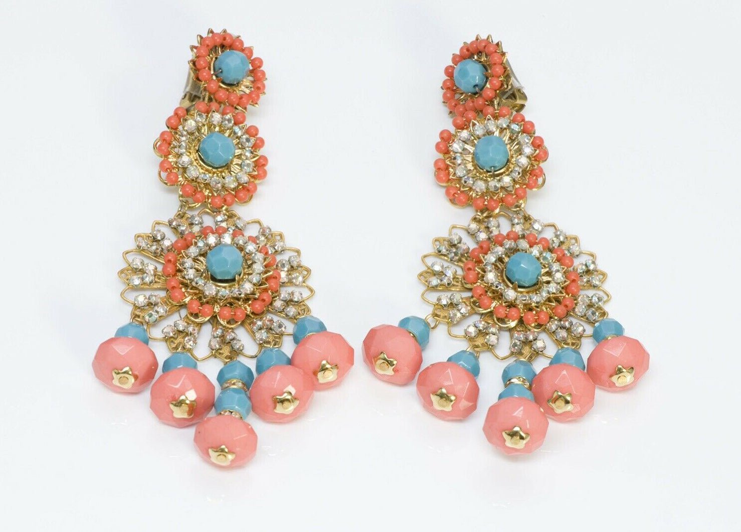 Lawrence VRBA Long Pink Blue Orange Crystal Beads Tassel Earrings