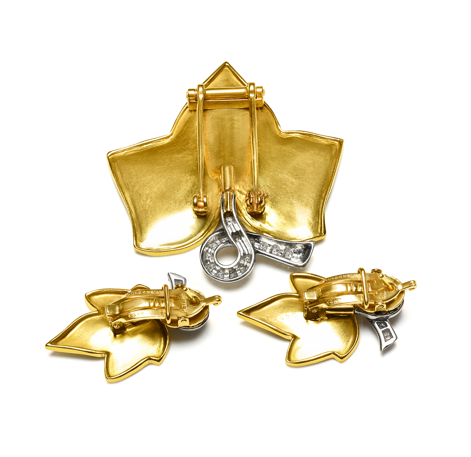 Cartier 18K Diamond Leaf Brooch and Earrings Diamond 
