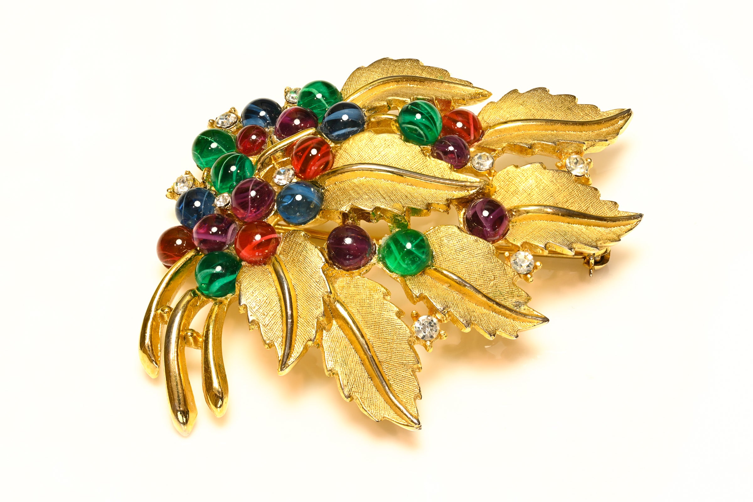 Vintage Trifari Red Green Blue Glass Jewels of India Leaf Brooch 1