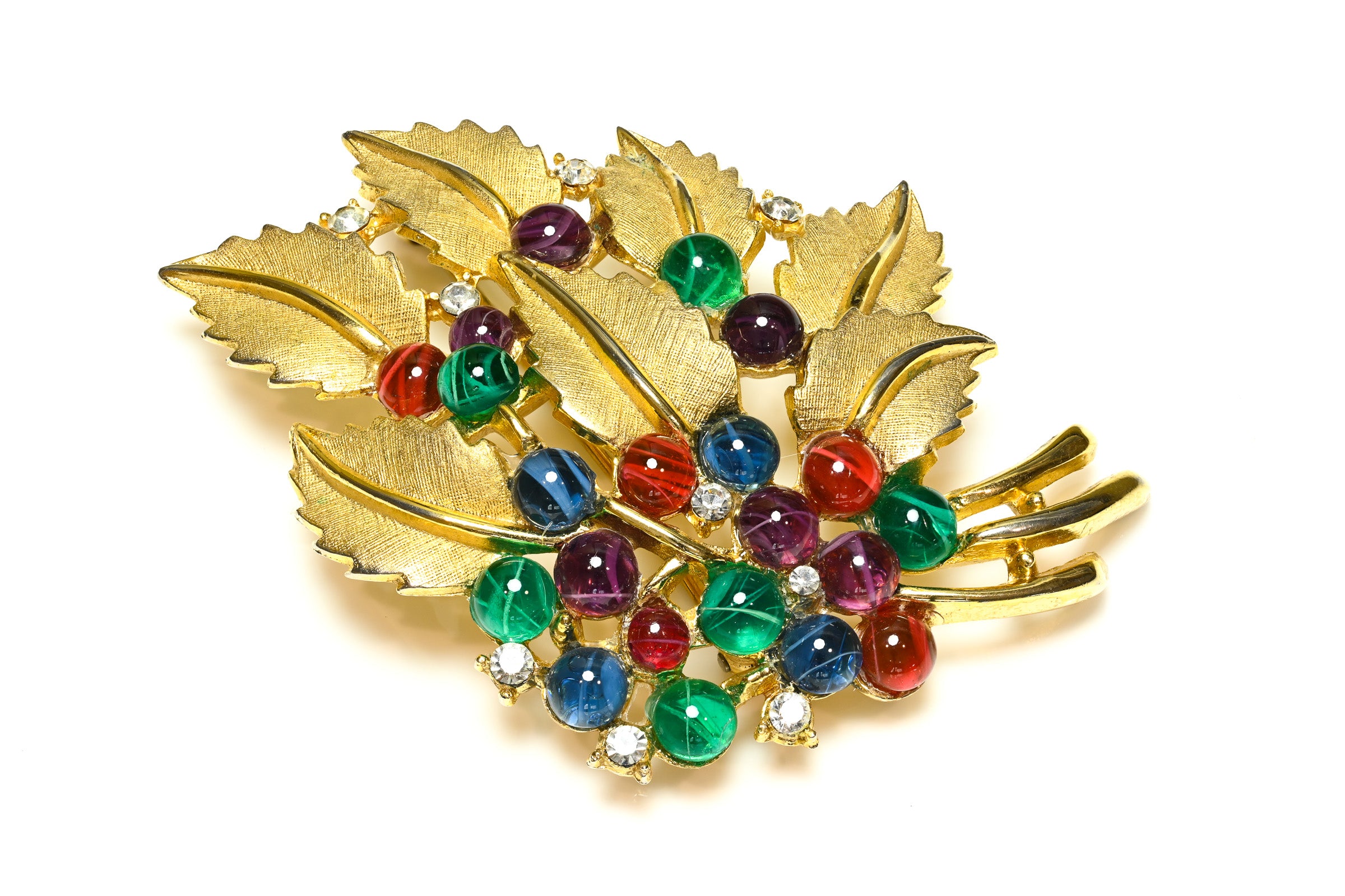 Vintage Trifari Red Green Blue Glass Jewels of India Leaf Brooch
