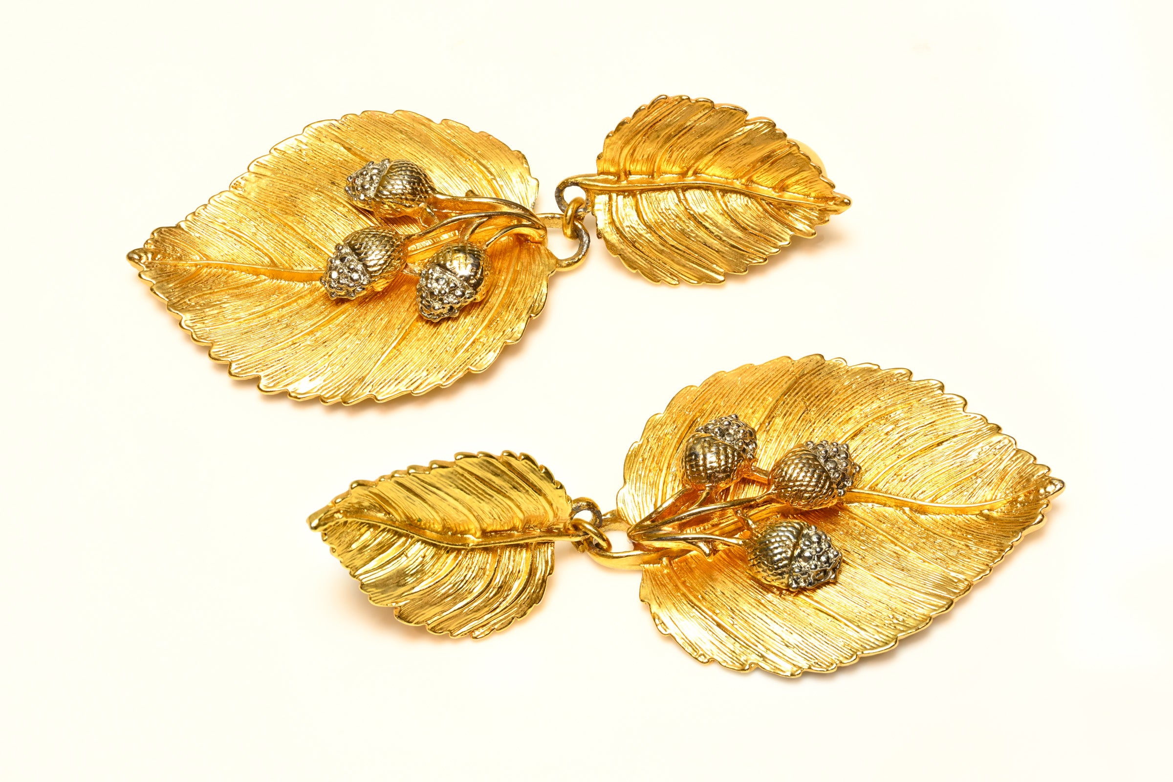 Vintage 1990's Gold Plated Acorn Crystal Leaf Drop Earrings 1