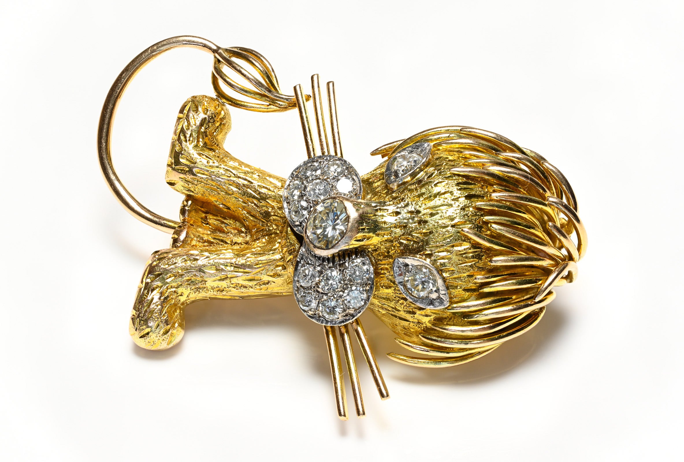 Whimsical Diamond Gold Lion Brooch 