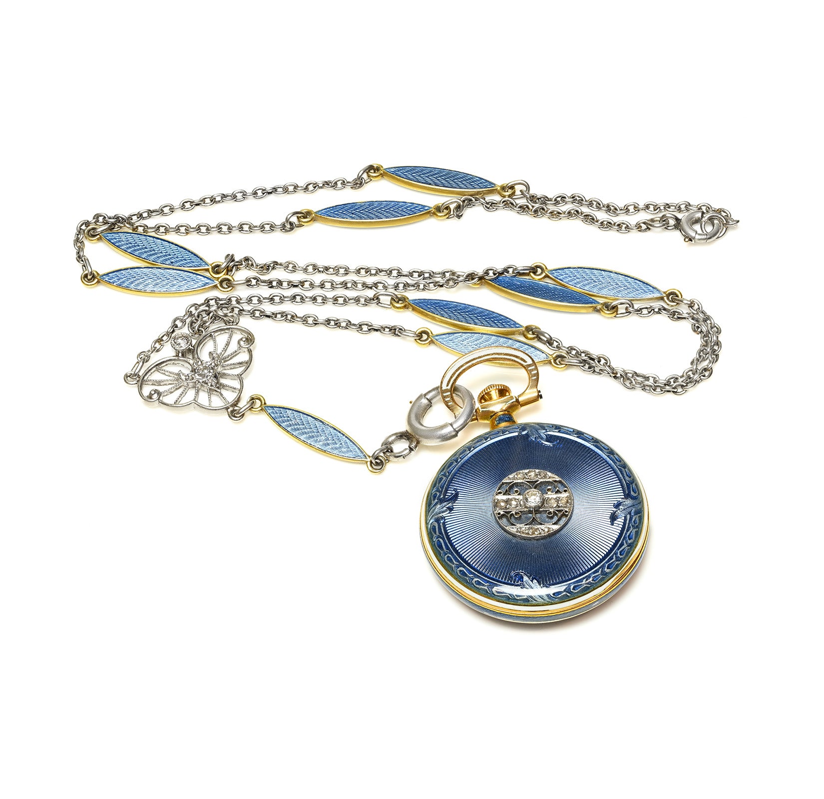 Edwardian Longines Platinum & Gold Diamond Enamel Pendant Watch with Chain
