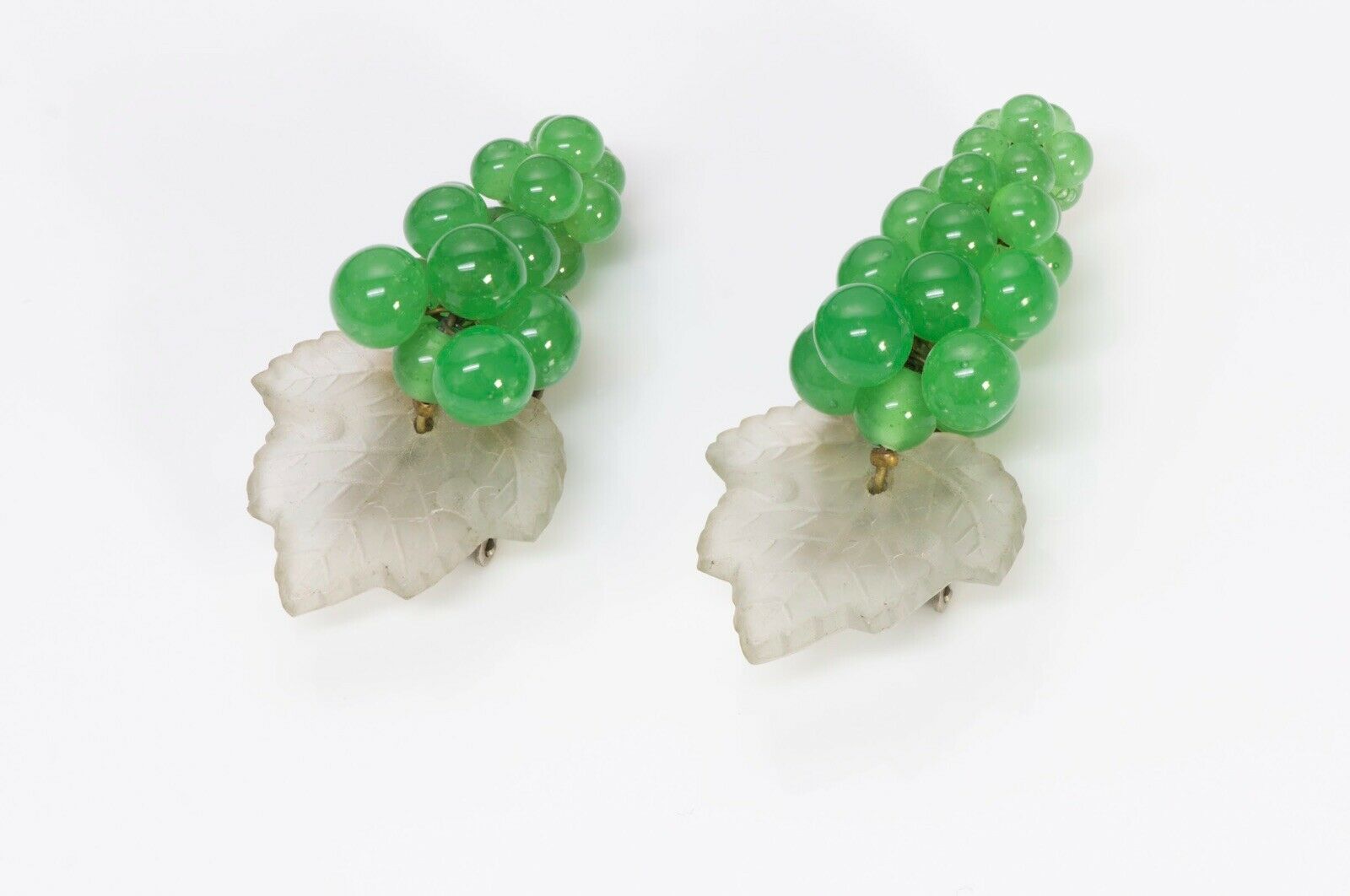 Louis Rousselet 1940’s Green Glass Beads Grape Leaf Double Clips Brooch